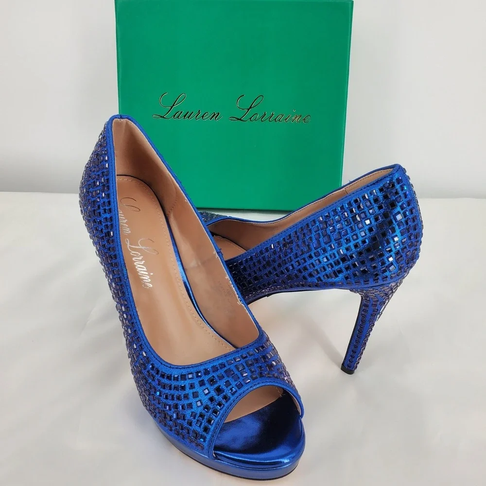 Lauren Lorraine Size 9.5 Candie 12 Rhinestone Peep Toe Platform Heels Navy Blue